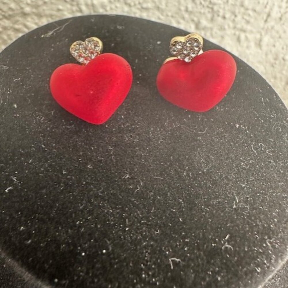 Sweet + Sparkly Red Heart Earrings W/ CZ Accents